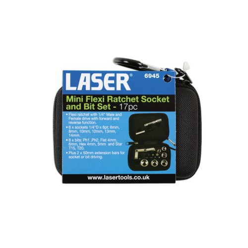 Laser Tools Mini Flexi Ratchet Socket and Bit Set 17pc - MPN 6945